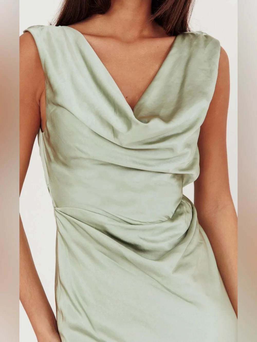 Selfie Leslie Chills Cowl Neck Satin Maxi Dress Sage Size Small - Picture 4 of 8